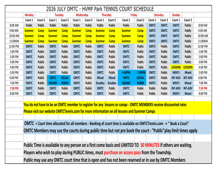 Tennis Court Schedule, July 2026