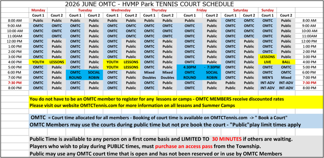 June 2026 Tennis Court Schedule
