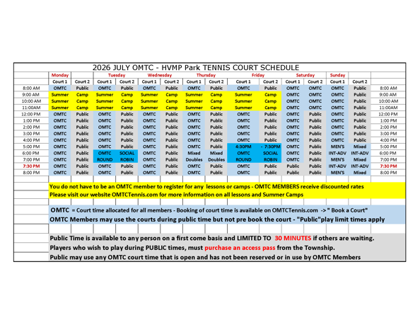 July Tennis Court Schedule